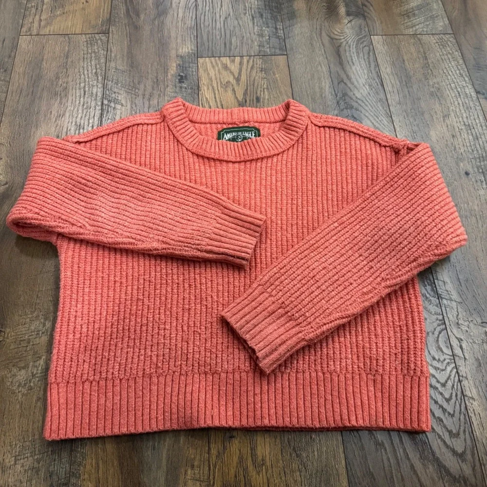 American Eagle Coral Pink Chunky Ribbed Knit Crewneck Sweater XS Cropped Cottage